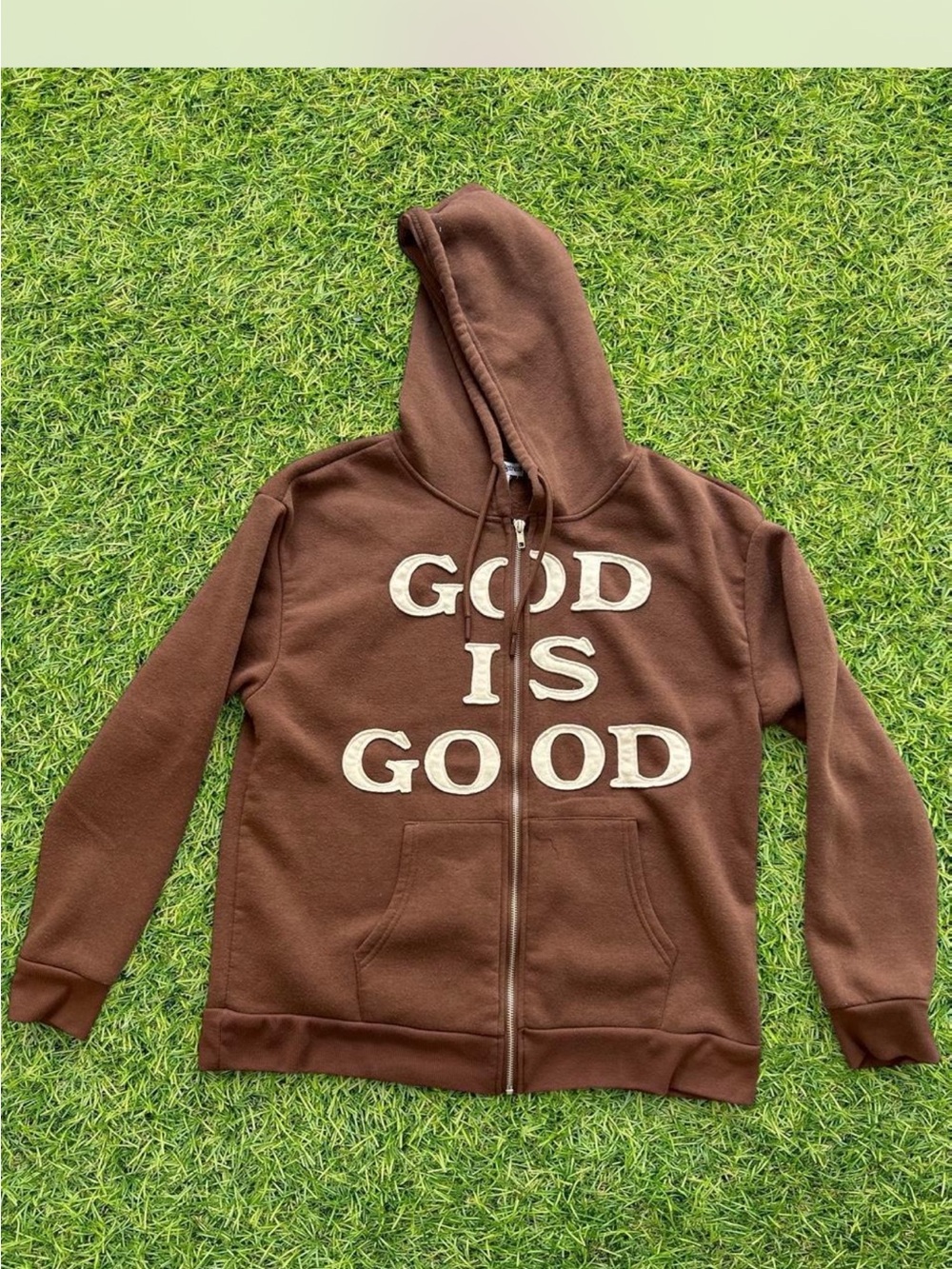 Brown 'God Is Good' Zip-Up Hoodie